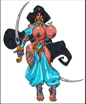 1girl adapted_costume aladdin_(movie) alternate_breast_size_(larger) bimbofication black_hair breasts brown_eyes dark-skinned_female dark_skin earrings gizmotic harem_outfit highres holding holding_sword holding_weapon huge_breasts jasmine_(disney) jewelry long_hair looking_at_viewer nail_polish nipples simple_background sword toenail_polish toenails weapon white_background