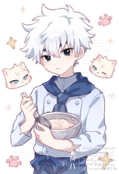 1boy artist_name black_eyes blue_necktie blue_shirt bowl buttons closed_mouth commentary commission dot_nose double-breasted english_commentary grey_outline hair_between_eyes highres holding holding_bowl holding_whisk long_sleeves looking_at_viewer male_focus mixing_bowl necktie original outline shirt short_hair simple_background solo sparkle upper_body vgen_commission watermark whisk white_background white_hair yukomeow