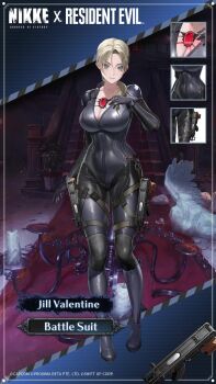 1girl alternate_costume animated audible_speech black_bodysuit black_boots blonde_hair blue_eyes bodysuit boots bouncing_breasts breasts chandelier cleavage collarbone crossover curvy dual_wielding english_audio firing goddess_of_victory:_nikke gun handgun highres holding holding_gun holding_weapon holster jill_valentine jill_valentine_(battle_suit)_(nikke) large_breasts long_hair looking_at_viewer official_art red_carpet resident_evil resident_evil_5 skorpion_vz._61 solo sound stairs standing submachine_gun tagme thick_thighs thigh_holster thighs video weapon wide_hips