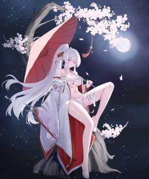 1girl absurdres alternate_costume barefoot blush breasts cherry_blossoms chest_sarashi commentary_request falling_petals feet full_body full_moon fundoshi hair_ribbon highres hiyuki_(wuthering_waves) holding holding_umbrella japanese_clothes kimono knee_up large_breasts legs long_hair long_sleeves looking_at_viewer loose_bandages moon nail_polish navel oil-paper_umbrella open_clothes open_kimono parted_lips petals pink_petals ponytail red_eyes red_ribbon red_umbrella ribbon rokushaku_fundoshi sarashi solo stomach toenail_polish toenails toes tree umbrella white_hair white_kimono wide_sleeves wuthering_waves yt9676