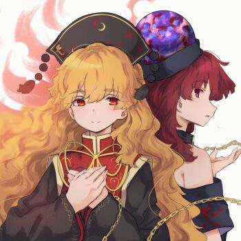 2girls back-to-back black_dress black_shirt blonde_hair blush chain closed_mouth dalachi_(headdress) dress hands_on_own_chest hecatia_lapislazuli junko_(touhou) long_hair long_sleeves looking_at_viewer medium_hair multiple_girls neold off-shoulder_shirt off_shoulder own_hands_together parted_lips red_eyes red_hair red_tabard shirt short_sleeves smile t-shirt tabard touhou underworld_(ornament) upper_body wavy_hair white_background