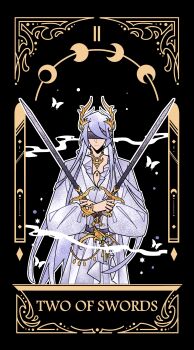 Rule 34 | 1boy, absurdres, black background, black sash, blindfold, bug, butterfly, cael anselm, cael anselm (midnight epilogue), card (medium), closed mouth, covered eyes, cowboy shot, crossed arms, dual wielding, english text, expressionless, facing viewer, frilled robe, gold necklace, hair between eyes, hair ornament, highres, holding, holding sword, holding weapon, insect, jewelry, long bangs, long hair, long sleeves, lovebrush chronicles, male focus, moon phases, necklace, outline, robe, roman numeral, sash, simple background, smoke, solo, standing, sword, tarot, tarot (medium), two of swords, very long hair, weapon, white butterfly, white hair, white outline, white robe, wing hair ornament, ya ji zhou