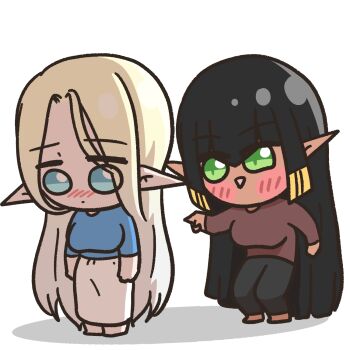 2girls alternate_costume blonde_hair blue_eyes breasts cerestia_of_life chibi chibi_only clooliss commentary_request dark-skinned_female dark_elf dark_skin elf gold_trim green_eyes highres korean_commentary large_breasts last_origin long_hair looking_down multiple_girls pointing pointy_ears sekhmet_of_death shirt siblings simple_background sisters skirt very_long_hair