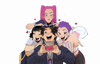 1boy 3girls ^_^ artist_name black_hair bobby_(kpop_demon_hunters) braid braided_ponytail closed_eyes commentary eyeshadow facial_hair goatee heart heart_hands jacket kpop_demon_hunters krossan looking_at_viewer makeup mira_(kpop_demon_hunters) multiple_girls pink_hair purple_hair purple_nails rumi_(kpop_demon_hunters) sidelocks smile sunglasses turtleneck twintails white_background zoey_(kpop_demon_hunters)