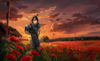 1girl animal_ears armor black_hair cloud commentary commission dog_ears english_commentary field flower flower_field grey_eyes grey_hair helmet highres holding holding_unworn_helmet house multicolored_hair orange_sky original petals poppy_(flower) sidelocks sky smile solo stalker_(game) streaked_hair sunset two-tone_hair unworn_headwear unworn_helmet usergore utility_pole
