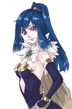 1girl alchemist_(ragnarok_online) blue_hair breasts brown_cape cape cleavage closed_mouth commentary_request dress elbow_gloves fingerless_gloves fur_collar gloves high_ponytail lips long_hair looking_at_viewer medium_breasts ponytail purple_dress purple_eyes purple_gloves ragnarok_online simple_background smile solo strapless strapless_dress toriria upper_body white_background