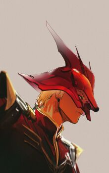 1boy absurdres blonde_hair blue_eyes char's_counterattack char_aznable closed_mouth commentary from_side grey_background gundam helmet highres hyde_(tabakko) jacket looking_ahead male_focus military_jacket neo_zeon profile red_jacket sazabi short_hair solo upper_body