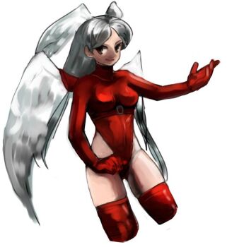 Rule 34 | 1girl, angel wings, artist request, breasts, closed mouth, final fantasy, final fantasy tactics, gloves, grey hair, head wings, highleg, highleg leotard, leotard, long hair, looking at viewer, medium breasts, red eyes, red leotard, red thighhighs, simple background, smile, solo, thighhighs, ultima (fft), white background, white hair, wings