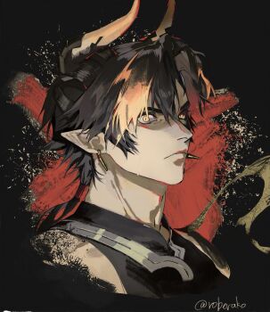 1boy arknights black_background black_hair chongyue_(arknights) closed_mouth commentary dragon_boy dragon_horns earrings highres horns jewelry looking_at_viewer low_ponytail male_focus multicolored_hair pointy_ears ponytail portrait roberako solo streaked_hair symbol-only_commentary