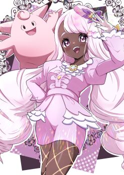 1girl absurdres blush clefable dark-skinned_female dark_skin dress feet_out_of_frame fishnet_pantyhose fishnets flower gen_1_pokemon gloves hair_flower hair_ornament happy highres jacinthe_(pokemon) long_hair nintendo open_mouth pantyhose pokemon pokemon_(creature) pokemon_legends:_z-a purple_dress purple_eyes purple_hair rono_(lethys) smile solo standing teeth upper_teeth_only very_dark_skin white_gloves