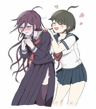 2girls =_= ahoge blue_sailor_collar blue_skirt blush breast_pocket breasts closed_eyes collared_shirt commentary cropped_legs danganronpa_(series) danganronpa_another_episode:_ultra_despair_girls eyelashes fukawa_toko glasses green_hair grey_sailor_collar hair_between_eyes hair_ornament hairclip hand_on_another's_shoulder heart highres long_hair long_skirt long_sleeves messy_hair mole mole_under_mouth multiple_girls naegi_komaru neckerchief necktie nose_blush open_mouth pocket purple_eyes purple_hair purple_serafuku purple_shirt purple_skirt purple_thighhighs red_neckerchief red_necktie round_eyewear sailor_collar scar scar_on_leg school_uniform serafuku shirt short_hair short_sleeves simple_background skirt skirt_set smile sweat tally tanurai teeth thighhighs torn_clothes torn_neckerchief torn_skirt white_background white_shirt
