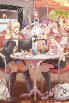 6+girls absurdres alternate_universe apron black_socks boots cafe casual chair female_corrin_(fire_emblem) drink drinking_straw felicia_(fire_emblem) female_kris_(fire_emblem) female_robin_(fire_emblem) fire_emblem fire_emblem:_new_mystery_of_the_emblem fire_emblem_awakening fire_emblem_fates flora_(fire_emblem) hairband high_heels highres hood hoodie katarina_(fire_emblem) knee_boots kneehighs lace-up_boots lithety long_hair maid_apron maid_headdress menu menu_board multiple_girls newspaper nintendo off_shoulder plate pointy_ears puffy_short_sleeves puffy_sleeves purple_hair short_shorts short_sleeves shorts siblings silver_hair sisters sitting skirt socks table twins twintails