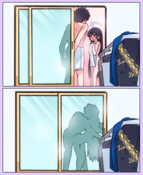 1boy 1girl 2koma bare_shoulders bathroom bent_over black_dress black_hair blue_archive blush border comic covering_breasts covering_privates dragon_print dress embarrassed fucked_silly grey_halo halo hetero highres implied_sex je_o_mo kisaki_(blue_archive) kiss loli long_hair naked_towel nude open_mouth purple_border sensei_(blue_archive) sex sex_from_behind shocked_pupils showering silhouette size_difference standing standing_sex sweatdrop thighs towel towel_over_breasts unworn_clothes unworn_dress very_long_hair voyeur_pov