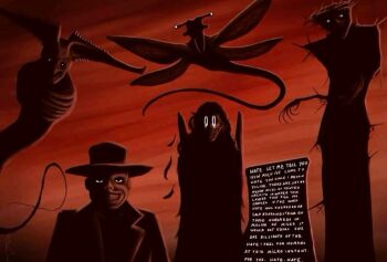 2boys 4others a.m alien all_tomorrows artificial_intelligence black_eyes blood_meridian bug cowboy_hat crazy_grin creepypasta english_text evil_grin evil_smile feathered_wings feathers formal_clothes gabriel_(mandela_catalogue) glowing glowing_eyes glowing_sclera glowing_words grin hat highres i_have_no_mouth_and_i_must_scream judge_holden looking_at_viewer machinery mandela_catalogue monster multiple_boys multiple_others no_pupils qu_(all_tomorrows) red_sky red_theme robot skeletal_body sky smile suit tail the_boiled_one the_horned_serpent the_monument_mythos wings