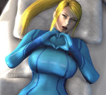 10s 1girl 1other 3d animated animated_gif bed bed_sheet bedroom blonde_hair blue_bodysuit bodysuit bouncing bouncing_breasts breasts clothing_cutout crotch_cutout female_focus gesture green_eyes hand_gesture heart heart_hands implied_sex indoors large_breasts long_hair looking_at_viewer looking_down looping_animation lowres lying metroid mole mole_under_mouth nintendo nodetek on_back on_bed open_mouth pillow ponytail pov samus_aran shiny_clothes skin_tight solo_focus source_filmmaker_(medium) staring torn_clothes upper_body zero_suit