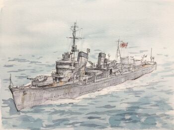 anti-aircraft anti-aircraft_gun atelier_bono cannon cloud cloudy_sky commentary_request destroyer flag highres imperial_japanese_navy mast military military_vehicle no_humans ocean original painting_(medium) rising_sun_flag sailing ship ship_turret sky smokestack sunburst traditional_media type_96_aa_gun vehicle_focus warship watercolor_(medium) watercraft waves