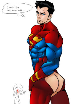 1boy abs ass bara black_hair blood blue_eyes bodysuit dc_comics facial_hair fingerless_gloves gloves goatee inmomakuro male_focus muscular nipples nosebleed s_shield artist_self-insert short_hair skin_tight solo superboy superhero_costume wardrobe_malfunction