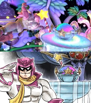alternate_color captain_falcon colored_skin f-zero fountain fountain_of_dreams game_screenshot_inset helmet horns kicdon kirby&#039;s_adventure kirby_(series) nightmare_(kirby) nintendo pink_helmet purple_skin salute scarf star_(sky) star_(symbol) star_rod sunglasses super_smash_bros. yellow_scarf