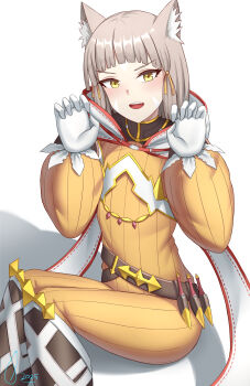 1girl absurdres animal_ears bodysuit cat_ears cat_girl female_focus ghonky gloves grey_hair highres looking_at_viewer nia_(xenoblade) nintendo open_mouth paw_pose short_hair sitting smile solo white_background white_gloves xenoblade_chronicles_(series) xenoblade_chronicles_2 yellow_bodysuit yellow_eyes