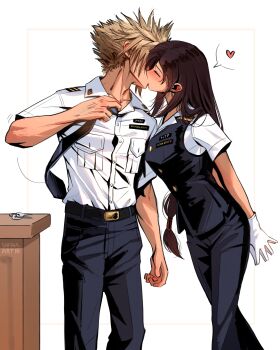 Rule 34 | 1boy, 1girl, absurdres, belt, black belt, black hair, black necktie, black pants, blonde hair, breasts, closed eyes, clothes grab, cloud strife, collared shirt, commentary, couple, employee uniform, english commentary, final fantasy, final fantasy vii, gloves, heart, hetero, highres, kiss, large breasts, long hair, low-tied long hair, necktie, necktie grab, neckwear grab, pants, safaia, shirt, simple background, spiked hair, spoken heart, standing, tifa lockhart, train attendant, travel attendant, white background, white gloves, white shirt