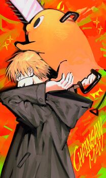 Rule 34 | 1boy, black jacket, blonde hair, chainsaw, chainsaw man, creature, creature on back, denji (chainsaw man), eyepatch, highres, hood, hood down, hooded jacket, jacket, male focus, open mouth, pochita (chainsaw man), red background, sharp teeth, short hair, smile, sparkle, teeth, tongue, tongue out, upper body, yongsa (y0ngs4)