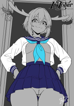 1girl :3 antlers breasts deer_antlers highres horns inktober inktober_2025 inverted_nipples medium_breasts necktie nipple_slip nipples no_bra no_panties pussy school_uniform shikanoko_noko shikanoko_nokonoko_koshitantan smile upskirt zoobastik