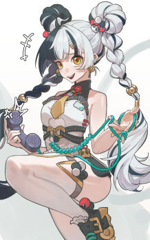 +++ 1girl absurdres ahoge anger_vein bare_shoulders black_hair black_shoes braid braided_twintails china_dress chinese_clothes commentary corded_phone cowboy_shot dialyn_(zenless_zone_zero) double_bun dress earrings english_commentary hair_bun hair_extensions hair_ornament hairclip highres holding holding_phone jewelry leg_up long_hair looking_at_viewer multicolored_hair necktie open_mouth panda_hair_ornament phone ring_hair_extensions shoes sleeveless solo split-color_hair standing standing_on_one_leg thighhighs tian_luo_bo white_background white_dress white_hair white_thighhighs wire yellow_eyes yellow_necktie zenless_zone_zero