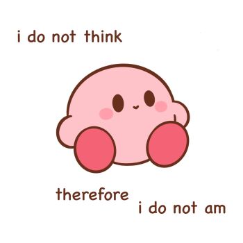 :&gt; black_eyes blush_stickers closed_mouth colored_skin english_text full_body highres invisible_chair jenny_(jennybunni) kirby kirby_(series) nintendo no_humans pink_skin simple_background sitting smile solo white_background