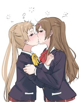 2girls absurdres black_jacket blazer blue_eyes blush bow bowtie brown_eyes brown_hair casyu_nut chuunibyou_demo_koi_ga_shitai! clothes_grab dekomori_sanae french_kiss highres jacket jacket_grab kiss long_hair multiple_girls nibutani_shinka red_bow red_bowtie red_skirt simple_background skirt squeans sweat twintails white_background yellow_bow yellow_bowtie yuri