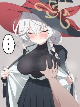 ... 1boy 1girl absurdres blue_archive blush breasts closed_eyes eri_(blue_archive) grabbing_another's_breast groping hat hetero highres large_breasts rehu_(mangyu) skirt white_hair witch_hat