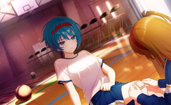 2girls 3girls blonde_hair blue_eyes blue_hair blush breasts buruma ceiling_light commentary_request game_cg gym_uniform hairband headband highres indoors lifting_own_clothes long_hair multiple_girls official_art school shirt short_hair short_sleeves solo_focus standing third-party_source tile_floor tiles toneri_nikako white_shirt world_dai_star