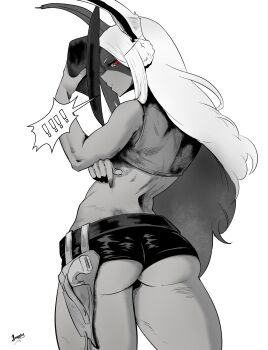 Rule 34 | !, !!, 1girl, absurdres, alternate costume, animal ears, artist name, ass, back, boku no hero academia, commentary, cowboy hat, crop top, english commentary, from behind, gun, hand up, handgun, hat, highres, holding hands, holster, holstered, juggler (sun juggler), long eyelashes, long hair, mirko, missing tail, monochrome, parted bangs, parted lips, rabbit ears, rabbit girl, red eyes, revolver, shirt, short shorts, shorts, sleeveless, sleeveless shirt, solo, spoken exclamation mark, spot color, thick thighs, thighs, very long hair, weapon