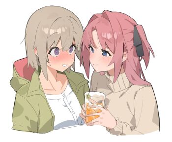 Rule 34 | 2girls, black ribbon, blue eyes, blush, closed mouth, commentary request, cup, green jacket, grey hair, grey sweater, hair intakes, hair ribbon, highres, holding, holding cup, jacket, kamiina botan, kamiina botan yoeru sugata wa yuri no hana, long hair, looking at another, multiple girls, parted lips, pink hair, purple eyes, ribbon, ryou (ponpgo), shirt, short hair, simple background, smile, sweater, tonami ibuki, turtleneck, turtleneck sweater, two side up, white background, white shirt, yuri
