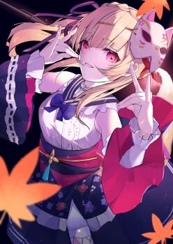 1girl animal_ears autumn_leaves black_background black_sleeves blonde_hair blue_bow bow bowtie braid commentary_request detached_sleeves double_fox_shadow_puppet floral_print fox_ears fox_girl fox_mask fox_shadow_puppet fox_tail frilled_kimono frills hair_ribbon heaven_burns_red highres japanese_clothes kimono kiryuu_miya leaf lolita_fashion long_hair looking_at_viewer maple_leaf mask mask_on_head obi obijime pink_eyes print_sleeves purple_bow purple_ribbon red_eyes ribbon sash skirt sleeveless sleeveless_kimono smile solo tail tsukune2398 wa_lolita