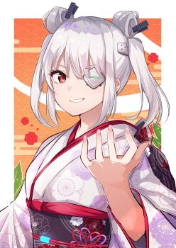 Rule 34 | 1girl, :d, absurdres, alternate costume, border, commentary request, double bun, eyelashes, eyepatch, fingernails, floral print, floral print kimono, grin, hair bun, hair ornament, hand up, headgear, heaven burns red, highres, japanese clothes, kimono, long sleeves, looking at viewer, medium hair, nengajou, new year, obi, one eye covered, open mouth, orange background, outline, outside border, print kimono, red eyes, red sash, rrtp, sash, sidelocks, simple background, smile, solo, textless version, thick eyebrows, twintails, upper body, v-shaped eyebrows, white border, white hair, white kimono, white outline, wide sleeves, yamawaki bon ivar