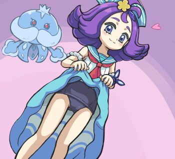 Rule 34 | 1girl, acerola (pokemon), acerola (summer 2024) (pokemon), aqua hat, aqua skirt, armband, blue eyes, blush, closed mouth, clothes lift, commentary request, eyelashes, flipped hair, gen 5 pokemon, hair ornament, hat, heart, highres, jellicent, jellicent (male), lifting own clothes, looking down, neckerchief, nintendo, official alternate costume, pink background, pokemon, pokemon (creature), pokemon masters ex, purple hair, red neckerchief, sailor collar, shirt, skirt, skirt lift, sleeveless, sleeveless shirt, smile, split mouth, swimsuit, swimsuit under clothes, takamame, topknot, white shirt, wrist cuffs