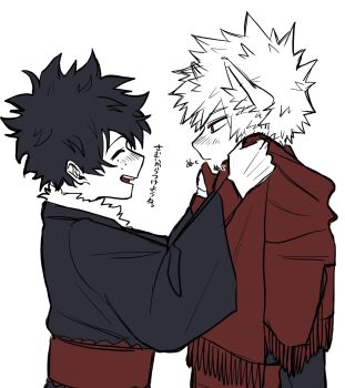 Rule 34 | 2boys, 4 rin, animal ear fluff, animal ears, arms up, bakugou katsuki, blush, boku no hero academia, commentary request, freckles, fur trim, highres, long sleeves, looking at another, male focus, midoriya izuku, multiple boys, nose blush, official alternate costume, red scarf, robe, scarf, short hair, simple background, smile, spiked hair, teeth, translation request, upper teeth only, white background, white fur, wide sleeves, winter clothes, wolf ears