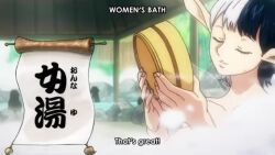 6+girls animated anime_screenshot audible_speech bandages bath bathing bicolor_hair black_hair blonde_hair blue_eyes blush breast_awe breasts brown_hair bucket carrot_(one_piece) completely_nude english_text eye_visible_through_hair floating_breasts furry furry_female green_eyes hand_on_another&#039;s_chest highres horse_girl japanese_audio japanese_text kikunojo_(one_piece) kouzuki_hiyori kurozumi_tama large_breasts long_hair looking_at_breasts multicolored_hair multiple_girls nami_(one_piece) nude one_piece onsen orange_hair outdoors partially_submerged rabbit_ears same-sex_bathing shared_bathing shinobu_(one_piece) short_hair sound speed_(one_piece) two-tone_hair video white_hair wooden_bucket