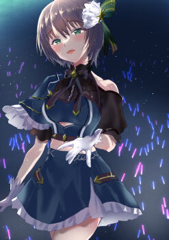 1girl absurdres aoi_erika bare_shoulders black_hair blue_eyes blush commentary_request crowd flower gloves glowstick hair_flower hair_ornament heaven_burns_red highres no53_(pixiv_77486930) short_hair sweat white_gloves