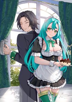 1boy 1girl alternate_costume apron aqua_hair black_dress black_hair blush breasts butler cake chloe_(fire_emblem) cleavage closed_eyes closed_mouth dress fire_emblem fire_emblem_engage food formal_clothes garter_straps green_eyes highres holding holding_plate holding_teapot indoors jacket large_breasts long_hair looking_at_viewer louis_(fire_emblem) maid maid_apron mugitoro_(dsfv2277) nintendo pants plate shirt short_dress short_hair short_sleeves smile suit teapot thighhighs thighs very_long_hair white_apron white_shirt wrist_cuffs