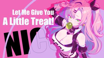 1girl bare_shoulders black_ribbon black_shorts blush breasts character_name chewing_gum clothing_cutout commentary cowboy_shot crop_top cutoffs earrings english_commentary english_text from_above fur-trimmed_shorts fur_trim green_eyes hair_ornament hairclip heart heart_earrings heart_necklace highres jewelry kurimako large_breasts long_hair looking_at_viewer micro_shorts midriff mole mole_on_breast mole_under_eye multicolored_nails navel necklace nicole_demara pink_background pink_hair ribbon shorts shoulder_cutout solo strapless tube_top two_side_up v v_over_head white_tube_top zenless_zone_zero