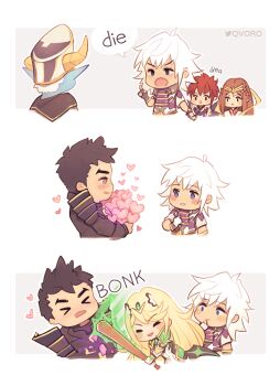 &gt;_&lt; 2boys 3girls amalthus_(xenoblade) armor baseball_bat black_hair blonde_hair blue_skin blush brown_hair chibi chibi_only colored_skin english_text engrish_text fan_la_norne heart hitting holding holding_baseball_bat horned_hat japanese_armor jin_(xenoblade) long_hair lora_(xenoblade) malos_(xenoblade) multiple_boys multiple_girls mythra_(xenoblade) open_mouth qvoro ranguage shoulder_armor sode speech_bubble white_hair xenoblade_chronicles_(series) xenoblade_chronicles_2 yaoi