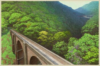 border bridge brown_border commentary_request day forest gunma_prefecture landscape mountain mugumo_24k nature no_humans original outdoors ravine real_world_location revision scenery sky train tree