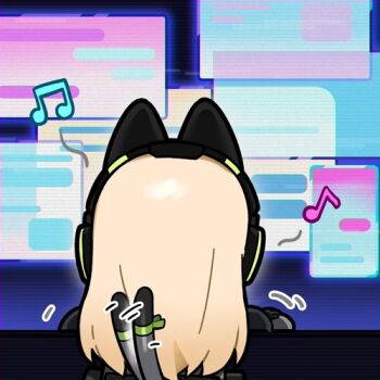 Rule 34 | 1girl, animal ear headphones, animal ears, artist request, blonde hair, cat ear headphones, cat ears, fake animal ears, from behind, girls' frontline, girls' frontline 2: exilium, harpsy (girls' frontline 2), headphones, lowres, monitor, musical note, official art, second-party source, solo, tail, tail wagging, tmp (girls' frontline)