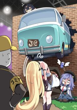 1boy 3girls amber_(stella_sora) backless_dress backless_outfit beret black_corset black_hair black_hat blonde_hair blue_hair blue_skirt boots bowing brick_wall brown_boots brown_gloves car_crash comiket_107 commentary commentary_request corset dress empty_eyes english_commentary flying_sweatdrops giving_up_the_ghost gloom_(expression) gloves hat high-waist_skirt highres hm_(hmongt) indoors iris_(stella_sora) juliet_sleeves long_hair long_sleeves mixed-language_commentary motor_vehicle multiple_girls noya_(stella_sora) puffy_sleeves shirt sitting skirt sleeveless sleeveless_dress stella_sora swept_bangs twitter_username van very_long_hair wariza white_dress white_shirt yellow_eyes