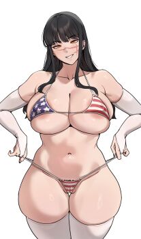1girl 5t_(5t_000) absurdres alternate_costume bikini black_hair breasts bridal_gauntlets chainsaw_man commentary cross_scar english_commentary facial_scar flag_print highres long_hair looking_at_viewer micro_bikini orange_eyes scar scar_on_cheek scar_on_face scar_on_nose simple_background smile solo strap_pull swimsuit underboob white_background yoru_(chainsaw_man)