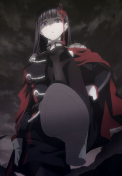 1girl absurdres anti-demon_corps_uniform black_hair black_jacket black_pantyhose black_shorts blunt_bangs breasts cape closed_mouth disgust dot_nose epaulettes female_focus gloves hair_ornament hand_on_own_hip high_heels highres jacket large_breasts long_hair long_sleeves looking_at_viewer mato_seihei_no_slave military_uniform outdoors pantyhose purple_eyes red_cape sexually_suggestive shorts solo solo_focus stepped_on stitched third-party_edit white_gloves yamashiro_ren