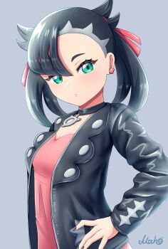 1girl absurdres asymmetrical_bangs black_choker black_hair black_jacket black_nails choker closed_mouth commentary_request dress earrings green_eyes grey_background hair_ribbon highres jacket jewelry leather leather_jacket looking_at_viewer maho_(corotonton5150) marnie_(pokemon) nintendo pink_dress pokemon pokemon_swsh red_ribbon ribbon solo twintails undercut upper_body