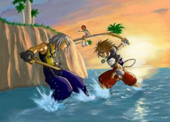 1girl 2boys black_gloves brown_hair gloves grey_hair gts jewelry kairi_(kingdom_hearts) kairi_(shery_rakuura) kingdom_hearts kingdom_hearts_i multiple_boys necklace palm_tree red_shorts riku_(kingdom_hearts) shorts slashing sleeveless smile sora_(kingdom_hearts) sword tree wading water weapon wooden_sword