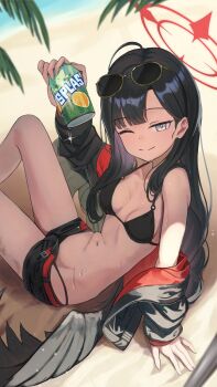 1girl ;) arm_support beach belt bikini bikini_bottom_under_shorts bikini_under_clothes black_bikini black_eyes black_hair black_jacket black_shorts black_wings blue_archive breasts can closed_mouth commentary day drink_can eyewear_on_head feathered_wings halo hashtag-only_commentary highres holding holding_can ichika_(blue_archive) ichika_(swimsuit)_(blue_archive) jacket long_hair looking_at_viewer low_wings navel o-ring o-ring_bikini o-ring_top ocean official_alternate_costume one_eye_closed open_clothes open_jacket open_shorts outdoors red_belt red_halo revision sand short_shorts shorts sitting small_breasts smile soda_can solo split_mouth stomach sunglasses swimsuit symbol-only_commentary unusually_open_eyes water wings yanoyoru